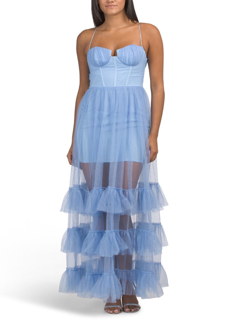 Selfie Leslie Sheer Ruffle Tulle Maxi Dress in Light Blue NWT
